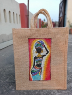 African tribal art on jute lunch box bag. Size 13*11.