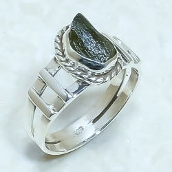 Moldavite Rough Natural Gemstone 925 Sterling Silver Ring