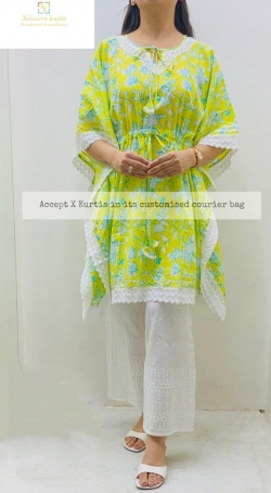Cotton Printed Kaftan Kurti With Adjustable Dori Crocia Lace & Chikan Pant