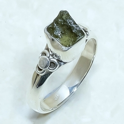 Moldavite Rough Natural Gemstone 925 Sterling Silver Ring