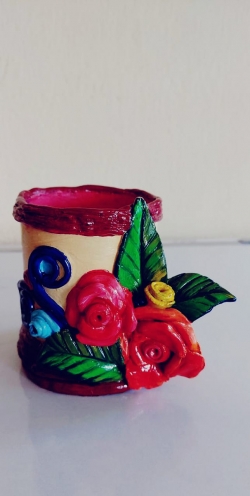 Fabric Paint and Clay Work on Pen Stand