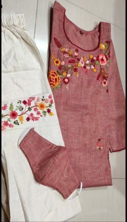 Handloom cotton kurti with embroidery work and linen cotton pant