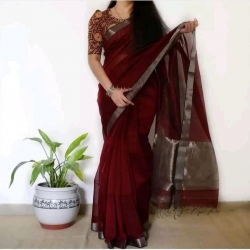 Khadi cotton handloom saree both side silver zori border and pallu contrast.