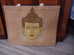 Hand-painted Buddha. Jute Shopping bag. With zipper Size 14* 18.