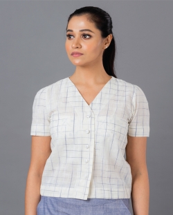Blue Disappearing Check Button Down Top
