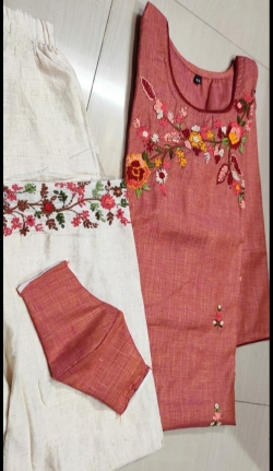 Handloom cotton kurti with embroidery work and linen cotton pant