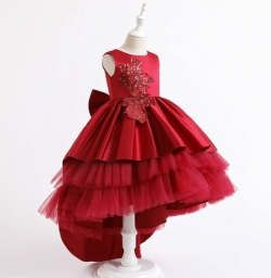 Hopscotch Girls Cotton and Polyester Beautiful Flower Applique Sleeveless Party Dress in Red Color
