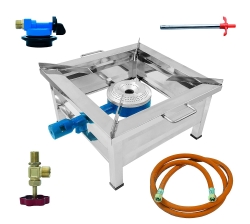 Single Burner Stainless Steel Square Canteen Bhatti Gas Stove with Fitted Brass Nut Hose Pipe, Valve, Adapter Silver; 10X0.6 Inch)